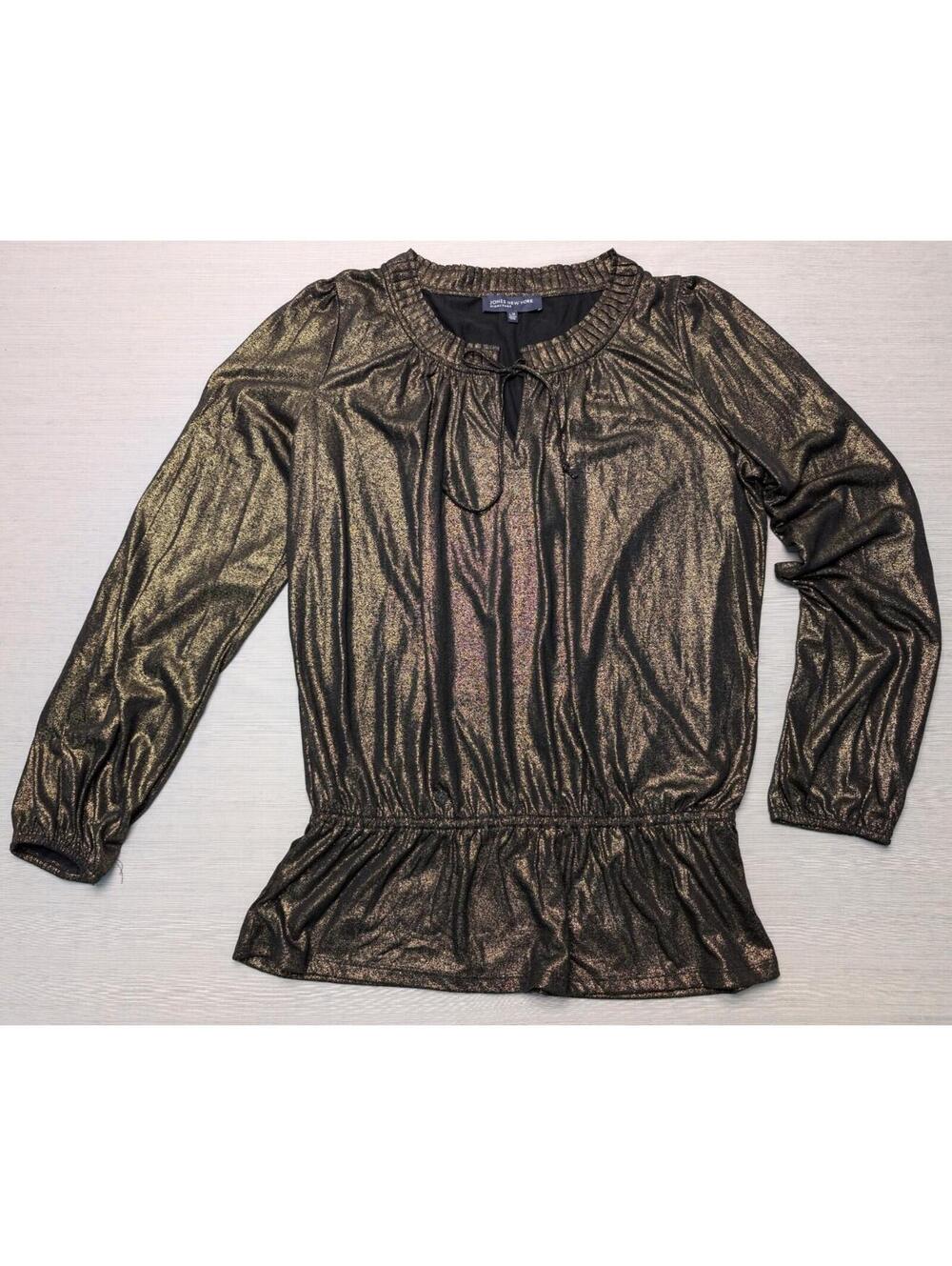 Jones New York Signature Gold Metallic Shimmer Long Sleeve Blouse Size Large